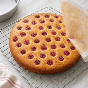 Bolo de framboesas esfriando sobre uma grade