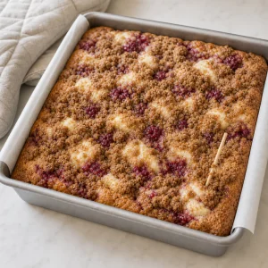 Baked coffee cake in the pan with golden crumb topping