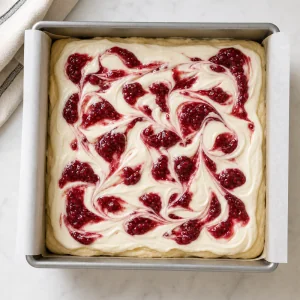 Cake batter topped with cream cheese and raspberry jam swirls