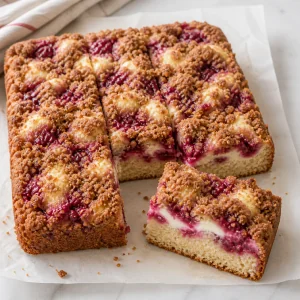 Cooled raspberry coffee cake sliced to show the cream cheese layer