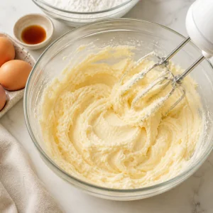 Creamed butter, sugar, eggs, and vanilla in a mixing bowl