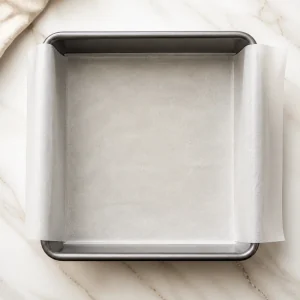 Parchment-lined square baking pan ready for batter