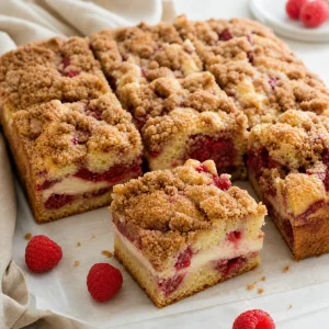 Sliced raspberry cream cheese coffee cake with crumb topping