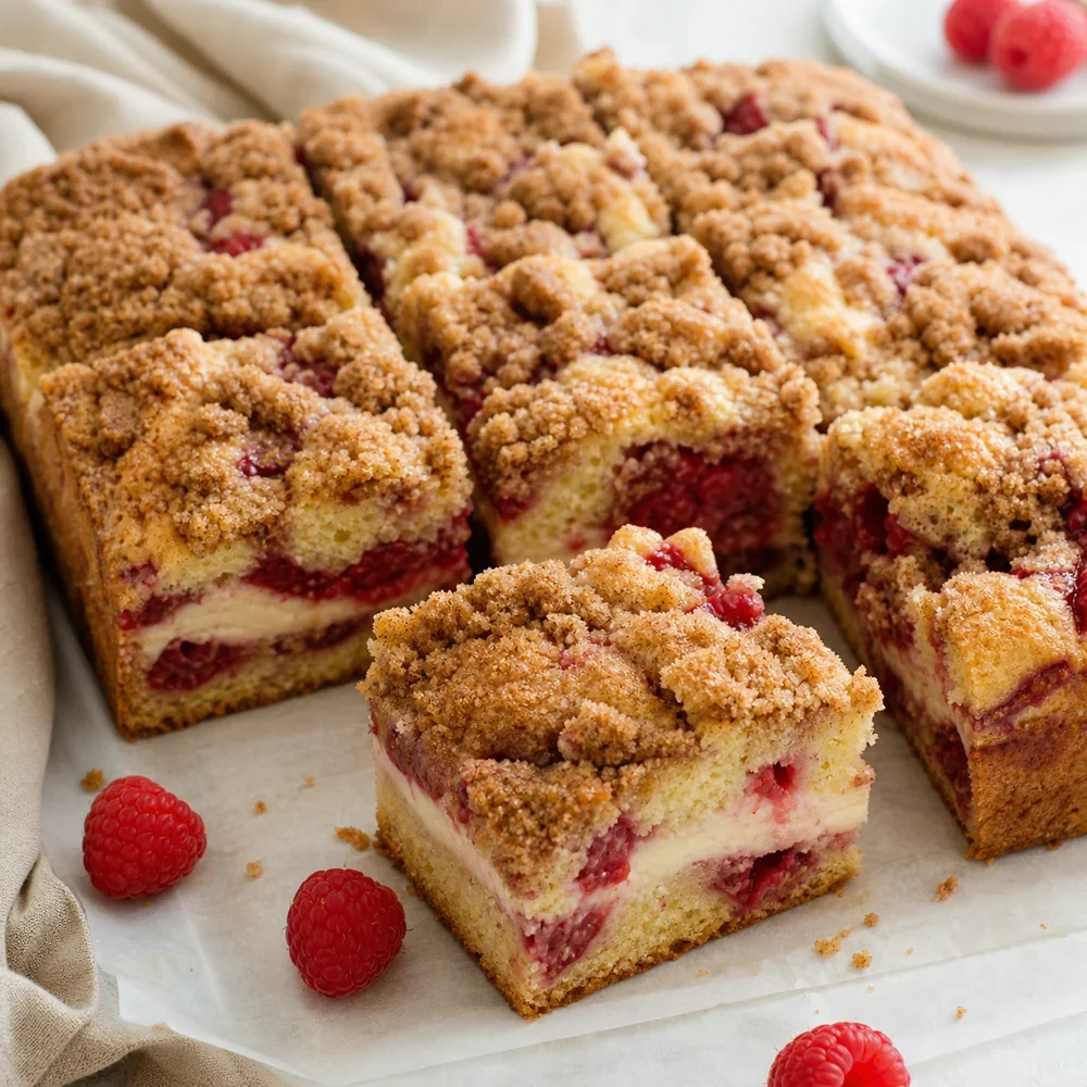 Sliced raspberry cream cheese coffee cake with crumb topping