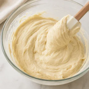 Thick sour cream cake batter lifted with a spatula