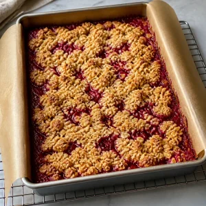 Baked raspberry crumble tart slab bubbling in the pan