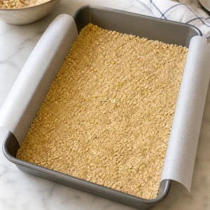 Crumb crust pressed into the parchment-lined pan