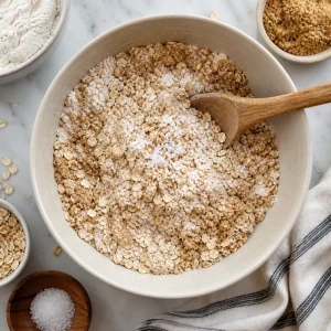 Dry flour, oat, sugar, and salt mixture in a bowl