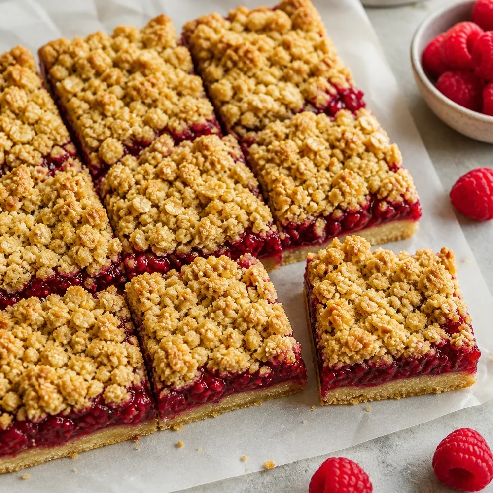 Finished raspberry crumble tart bars cut into squares