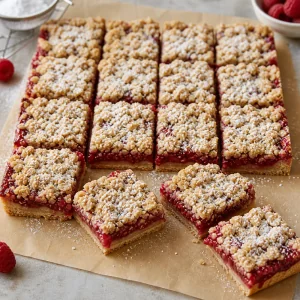 Sliced raspberry crumble bars dusted with powdered sugar