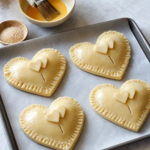 Egg-washed heart pies ready for the oven