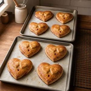 Eight golden raspberry heart pies on baking sheets