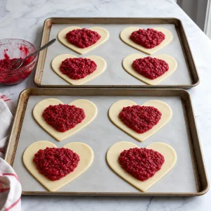 Eight pastry hearts topped with raspberry filling