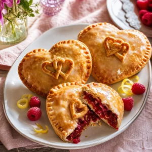 Glazed raspberry heart hand pies on a serving platter