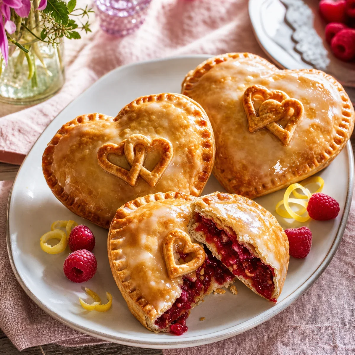 Glazed raspberry heart hand pies on a serving platter