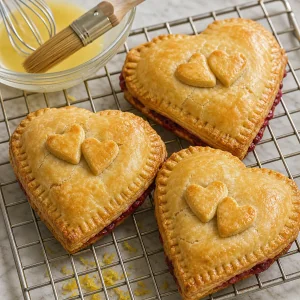 Raspberry heart pies brushed with thin lemon glaze