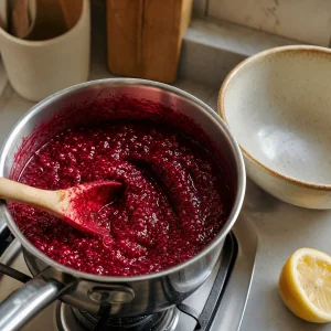 Thick raspberry filling in a saucepan