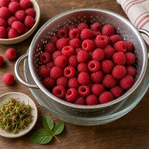 Frische Himbeeren in einem Sieb gewaschen