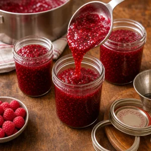 Heisse Himbeermarmelade in Glasglaeser gefuellt