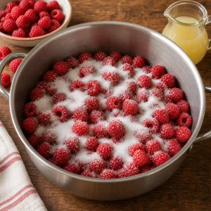 Himbeeren mit Zucker und Zitronensaft in einem Topf