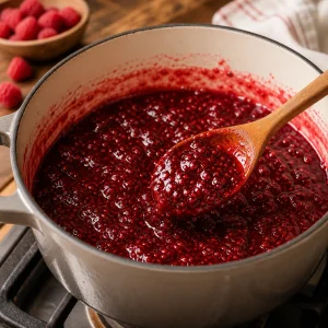 Kochende Himbeermarmelade in einem Topf