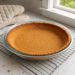 Baked graham cracker crust cooling on a wire rack