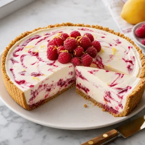 Chilled raspberry lemon chiffon pie cut into clean slices