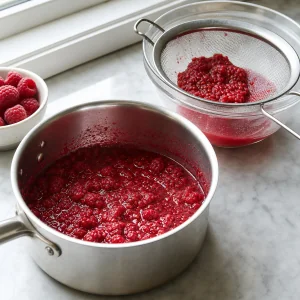 Cooked raspberry sauce being strained through a fine sieve