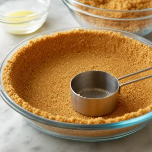 Graham cracker crust pressed into a glass pie plate