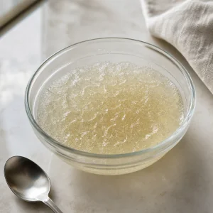 Powdered gelatin blooming in a bowl of cold water
