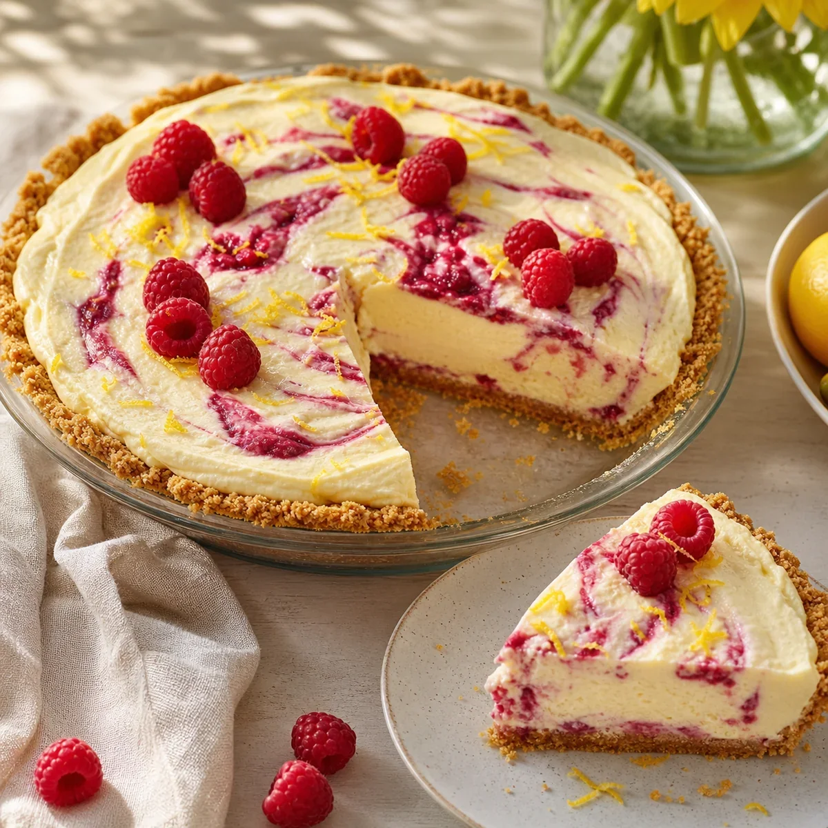 Raspberry lemon chiffon cream pie with a slice on a plate