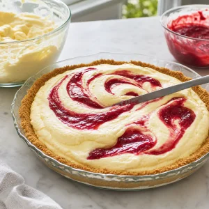 Raspberry sauce swirled through lemon chiffon in the crust