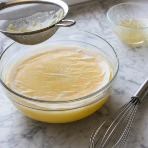 Strained lemon custard covered with parchment while cooling