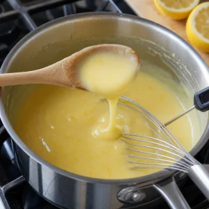 Thick lemon custard coating a spoon in a saucepan