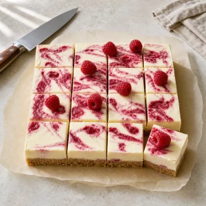 Chilled cheesecake cut into squares and garnished with raspberries