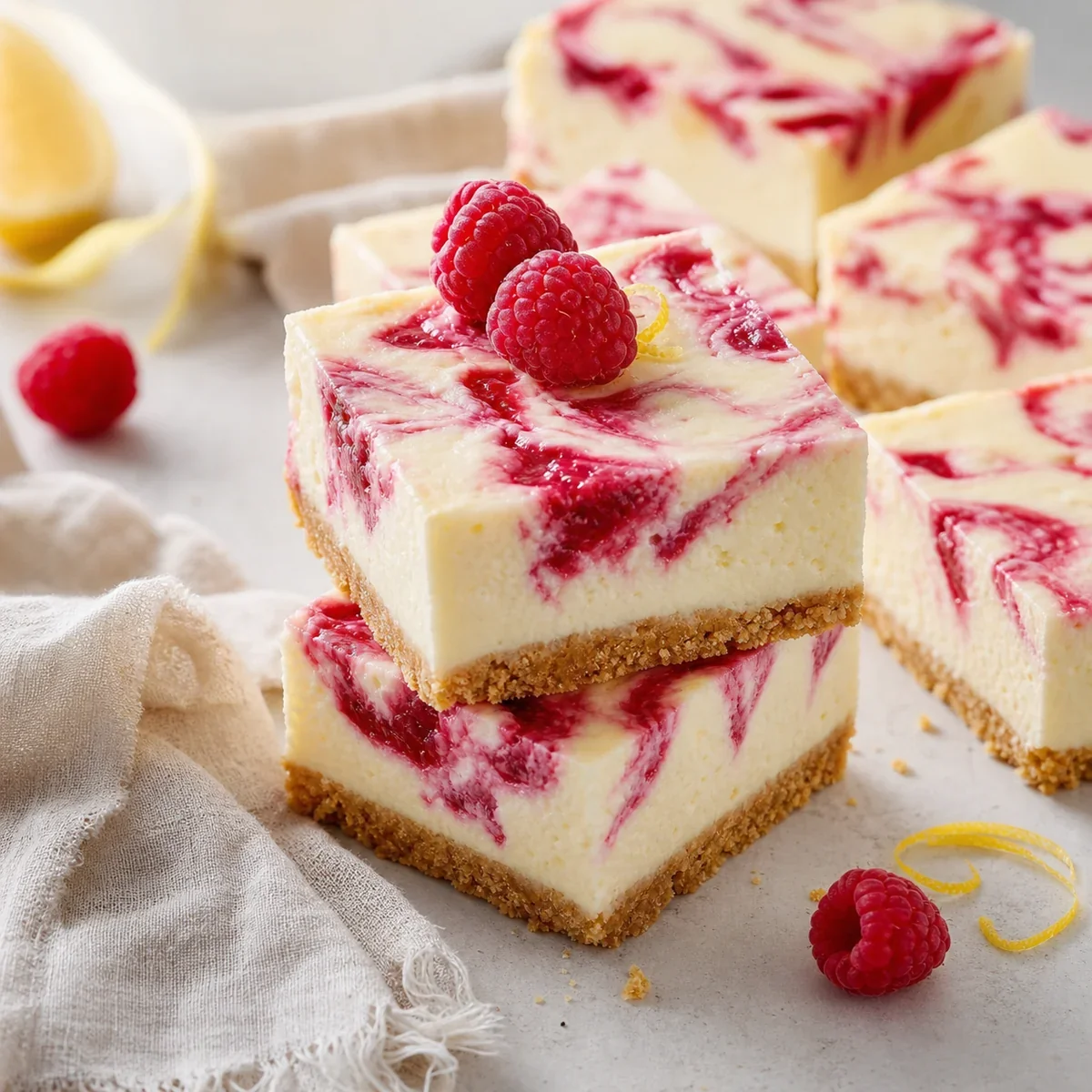 Finished raspberry lemon cheesecake bars with fresh raspberries