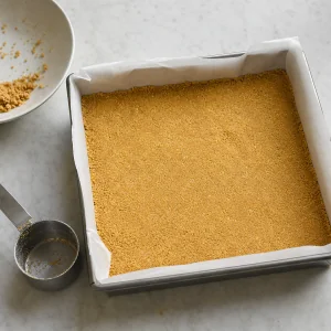 Graham cracker crust pressed into the lined pan