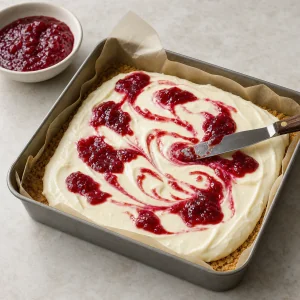 Raspberry preserves swirled through the first filling layer