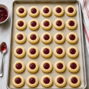 Baked raspberry thumbprint cookies cooling on the pan