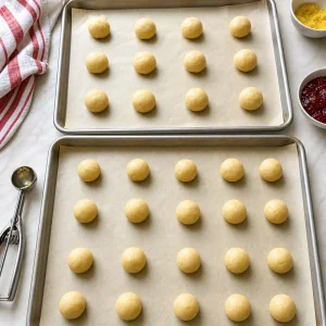 Cookie dough balls spaced on parchment-lined baking sheets