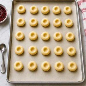 Cookie dough balls with thumbprint wells pressed in