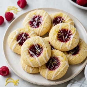 Finished raspberry lemon thumbprint cookies on a plate