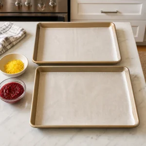 Parchment-lined baking sheets ready for cookie dough