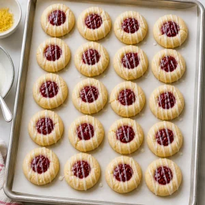 Raspberry thumbprint cookies drizzled with lemon glaze