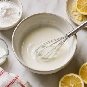 Smooth lemon glaze in a bowl with a whisk