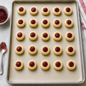 Thumbprint cookie dough filled with raspberry jam