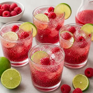 Finished raspberry lime sparkling water garnished with lime and raspberries
