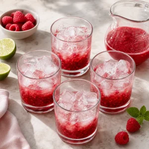 Glasses filled with ice and raspberry lime base