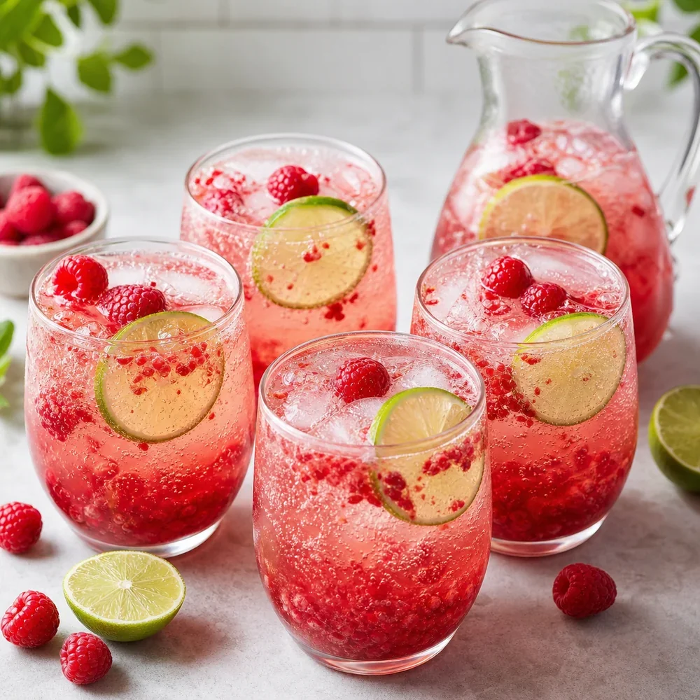 Glasses of raspberry lime sparkling water with ice and fresh fruit