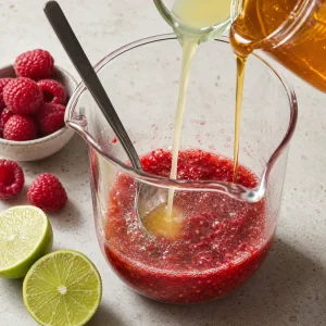 Lime juice and honey stirred into muddled raspberries